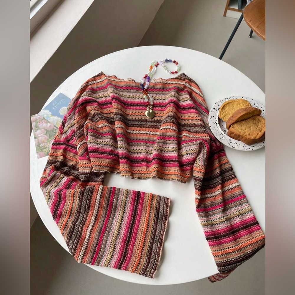 Pink and Orange Crop Blouse with Long Sleeves